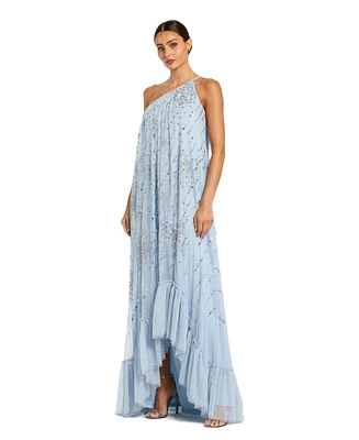 Mac Duggal Women's Bow Embellished Mesh One Shoulder High Low Gown