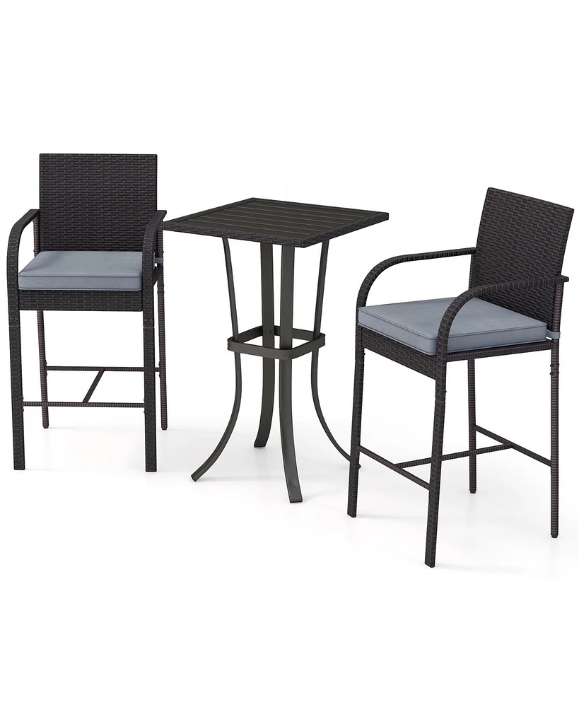 3-Piece Patio Wicker Rattan Bar Height Chairs and Square Table Set