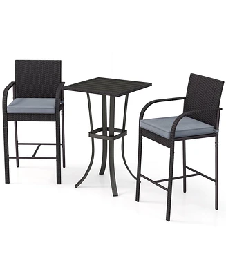 3-Piece Patio Wicker Rattan Bar Height Chairs and Square Table Set