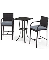 3-Piece Patio Wicker Rattan Bar Height Chairs and Square Table Set