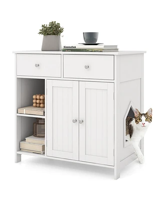 Hidden Cat Washroom Side Cabinet Wooden Pet House with 2 Drawers