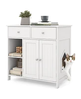 Hidden Cat Washroom Side Cabinet Wooden Pet House with 2 Drawers