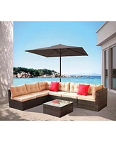 7 Piece Outdoor Sectional Sofa Set with Glass Table and Cushions