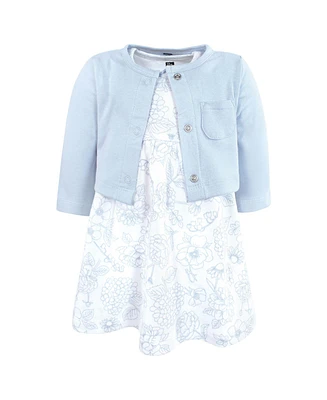 Hudson Baby Girls Cotton Dress and Cardigan Set Blue Blossom