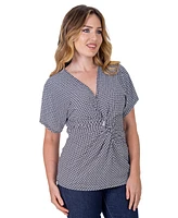 24seven Comfort Apparel Petite V-Neck Geometric Print Front Kimono Sleeve Top