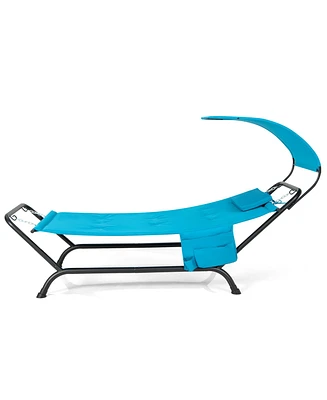 Gymax Chaise Lounge Bed w/ Detachable Sunshade Canopy Hammock Rustproof Metal Stand