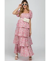 Pinkblush Maternity Pink Floral Square Neck Ruffle Layered Maxi Dress