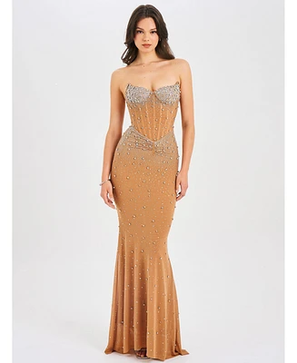 Miss Circle Women's Fatima Crystal Sleeveless Corset Mermaid Maxi Dress