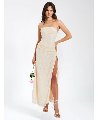 Miss Circle Women's Xatia Off White Jacquard Textured High Slit Maxi Dress