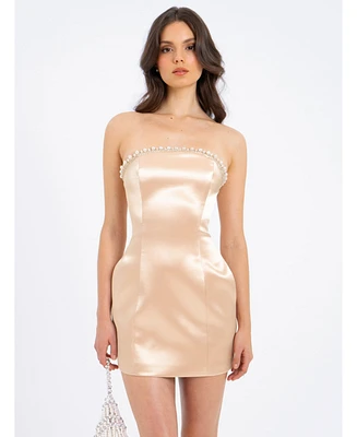 Miss Circle Women's Paisley Pearl Trim Gold Sleeveless Mini Dress