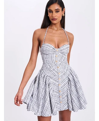 Miss Circle Women's Melody Black and White Plaid Tweed Halter Drop Waist Mini Dress