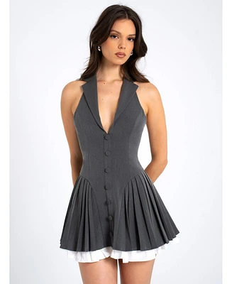 Miss Circle Women's Hazel Grey Preppy Halter Neck Pleated Mini Dress