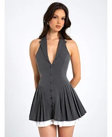 Miss Circle Women's Hazel Grey Preppy Halter Neck Pleated Mini Dress