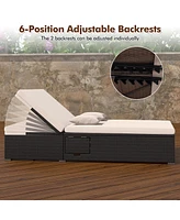 Gymax Outdoor Patio Daybed Pe Wicker Double Chaise Lounge w/ Adjustable Backrests