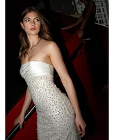 Miss Circle Women's Lainey White Satin Sequin Pearls Beaded Maxi Dress