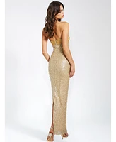Miss Circle Women's Lainey Gold Satin Sequin Pearls Beaded Maxi Dress