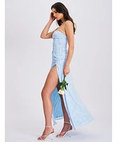 Miss Circle Women's Xatia Baby Blue Jacquard Textured High Slit Maxi Dress