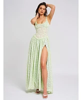 Miss Circle Women's Ulissa Light Green Square Neck Jacquard Textured High Slit Maxi Dress
