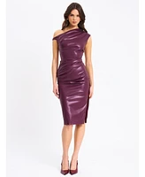 Miss Circle Women's Sabina Purple Leather Slash Neck Midi Dress