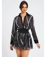 Miss Circle Women's Rachelle Black Embroidered Mesh Mini Shirt Dress