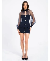 Miss Circle Women's Tabitha Navy Blue Mesh Lantern Sleeve Mini Dress