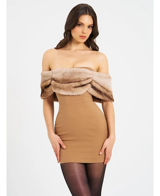 Miss Circle Women Nadira Off Shoulder Fur Trim Mini Dress