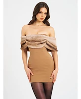 Miss Circle Women Nadira Off Shoulder Fur Trim Mini Dress