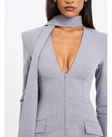 Miss Circle Women's Tahlia Deep V Pinstripes Gray Blazer Dress with scarf collar