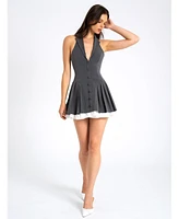Miss Circle Women's Hazel Grey Preppy Halter Neck Pleated Mini Dress