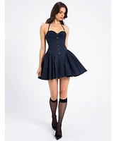 Miss Circle Women's Melody Navy Blue Pinstripe Halter Drop Waist Mini Dress