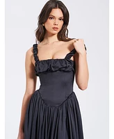 Miss Circle Women's Noreen Black Satin Drop Waist Maxi Sundress