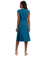 London Times Petite Short-Sleeve Belted Fit & Flare Dress