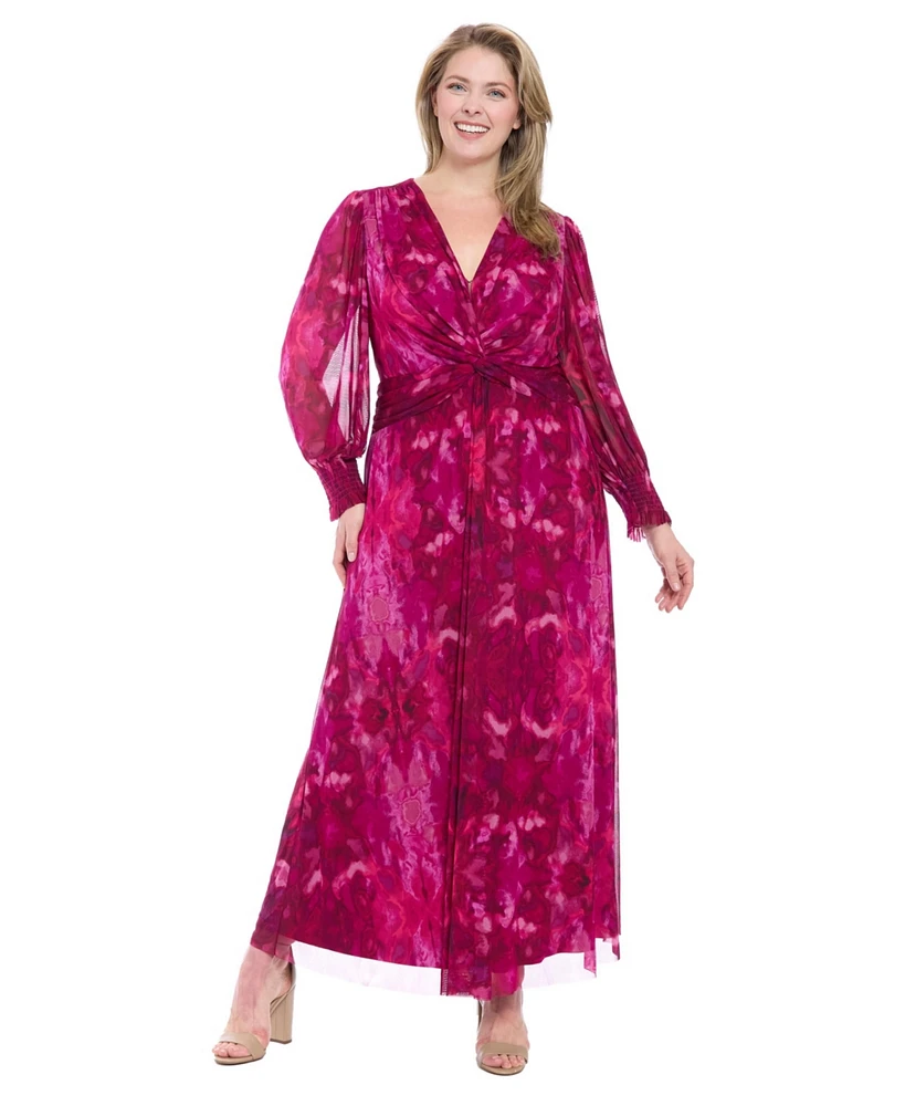 London Times Plus Bishop-Sleeve Mesh Maxi Dress