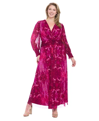 London Times Plus Bishop-Sleeve Mesh Maxi Dress