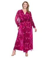 London Times Plus Bishop-Sleeve Mesh Maxi Dress