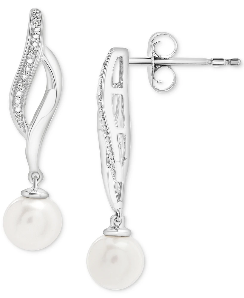 Cultured Freshwater Pearl (4mm) & Diamond Accent Swirl Drop Earrings in Sterling Silver