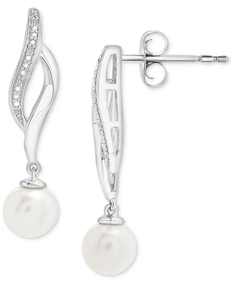 Cultured Freshwater Pearl (4mm) & Diamond Accent Swirl Drop Earrings in Sterling Silver