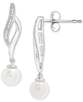 Cultured Freshwater Pearl (4mm) & Diamond Accent Swirl Drop Earrings in Sterling Silver