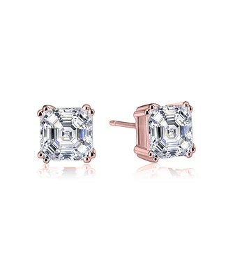 Sterling Silver 18K Rose Gold Plating with Clear Cubic Zirconia Asscher-Cut Stud Earrings