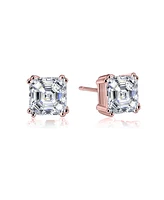 Sterling Silver 18K Rose Gold Plating with Clear Cubic Zirconia Asscher-Cut Stud Earrings