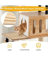 Modern Tall Cat Tower with Double Condos with Dangling Balls and Sisal Carpets