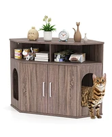 Corner Cat Litter Box Enclosure with Storage Shelves and Double Doors