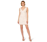Adrianna Papell Women's Beaded Mesh V-Neck A-Line Dress