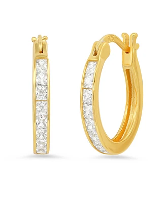 Steeltime Women's Plated Sterling Silver and Simulated Square Diamonds Round Hoop Earrings