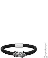 Steeltime Men's Black Braided Leather and Stainless-Steel Skulls Bracelet