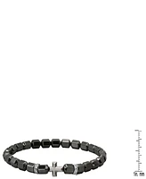 Steeltime Men's Sterling Silver Cross and Hematite Beaded Stretch Bracelet