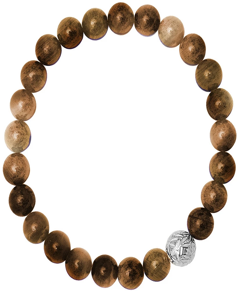 Steeltime Men's Tiger Eye Beads and Sterling Silver Bead Stretch Bracelet