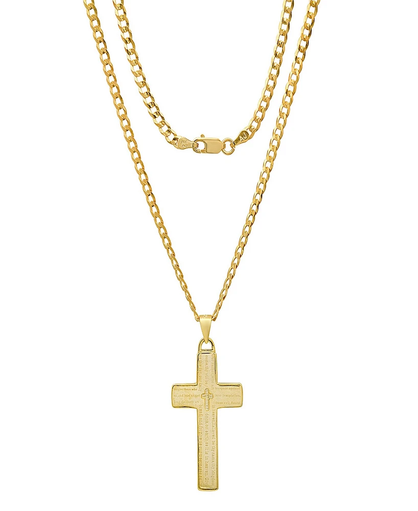 Steeltime Unisex 14K Gold Plated Sterling Silver Cuban Super Flat Chain and Lord's Prayer Cross Pendant