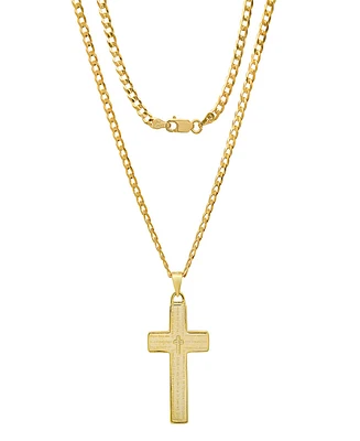 Steeltime Unisex 14K Gold Plated Sterling Silver Cuban Super Flat Chain and Lord's Prayer Cross Pendant
