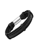 Steeltime Men's Genuine Black Leather Bracelet with Stainless Steel Magnetic Clasp